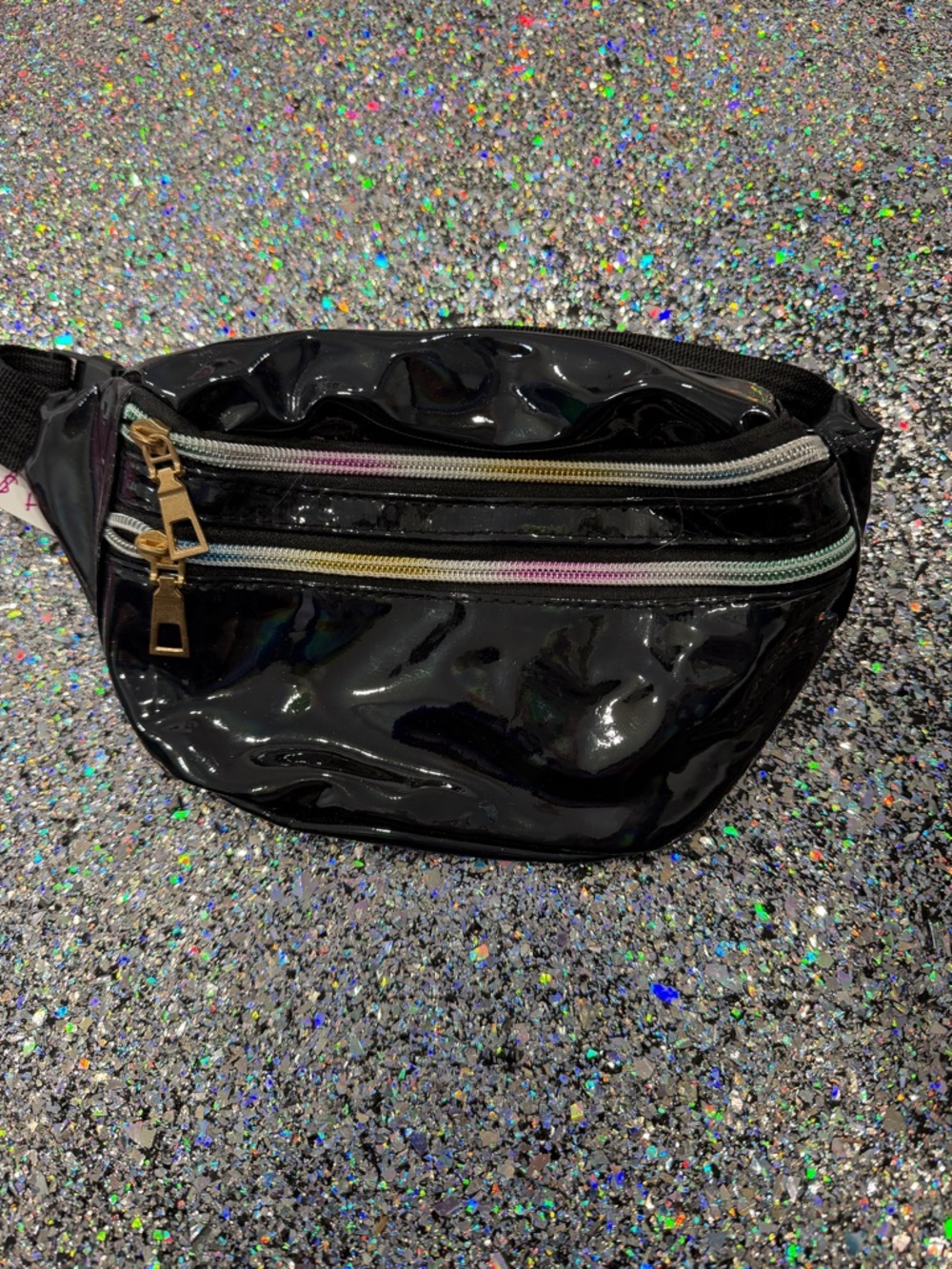 Holographic Black Waist Bag with Dual Front Zippers